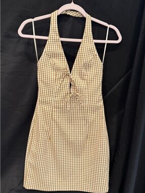 Zara Brown & Cream Gingham Halter Tie-Front Mini Dress